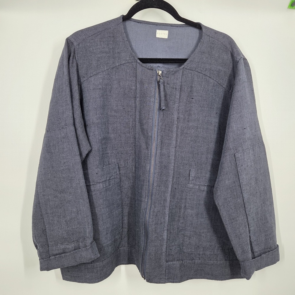 Poetry Linen Button Jacket Size 18 Navy Boxy Lagen Artsy Zip Front